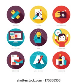 Set of modern flat design icons on design development theme. Icons for graphic design, web design, branding, packaging design, freelance designers, photography and creative design process