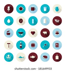 Set of modern flat design icons for food and drink. Icons for coffee, milk, meat, wine, seafood, for restaurant and food producer.