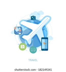 Set of modern flat design icons on the topic of modern online travel, vacation and holidays. Airplane over globe icon vector illustration.