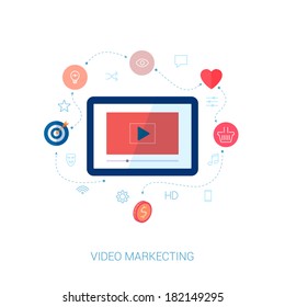 Set Of Modern Flat Design Icons On The Topic Of Web Video Marketing And Social Video Presentation. 