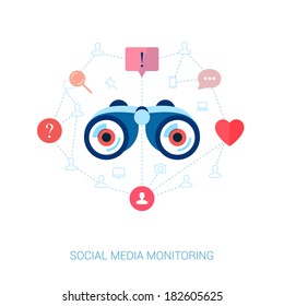 Set of modern flat design icons on the topic of corporate brand monitoring and social media marketing. Social graph and connection in web vector illustration. Web advertising modern apps icons.