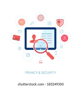 Set Of Modern Flat Design Icons On The Topic Of Online Security, Privacy Protection And Data Safety. Spying Computer Bug Under Investigation Lens On The User Personal Profile Vector Illustration.