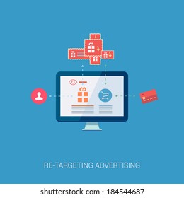 Set of modern flat design icons for re-targeting and re-marketing online advertising. Search engine and online shopping context ad vector illustration concept.
