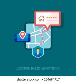 Set of modern flat design icons for mobile or smartphone location based advertising. Place check-in, hotel, restaurant or other place social rating and context ads concept vector illustration.