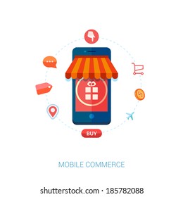 Set of modern flat design icons for mobile or smartphone commerce. Online mobile shopping and on the go purchase icons.