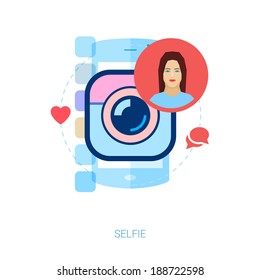 Set of modern flat design icons for mobile photo and selfie. Instant smart phone online selfi photo sharing conept vector illustration.