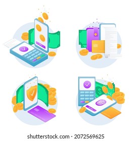 Conjunto de modernos iconos de diseño plano para pagos móviles y nfc. Pago móvil, pago de finanzas comerciales, transacción en línea