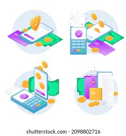 Conjunto de modernos iconos de diseño plano para pagos móviles y nfc. Pago móvil, pago de finanzas comerciales, transacción en línea