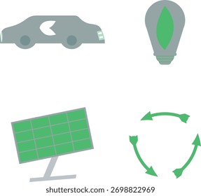 Set of modern flat design icons for sustainability and green energy. Vector collection with symbols for electric car, recycling, solar panel, and eco-friendly ideas. Isolated on a white background.