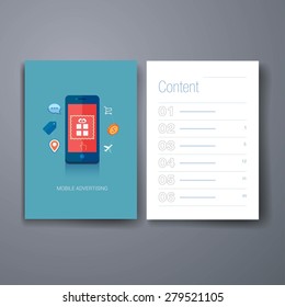 Set of modern flat design icons for mobile or smartphone advertising. Banner or display ad on phone touch screen with speech bubble, tag, map pin, money coin, online shopping cart and travel icons.