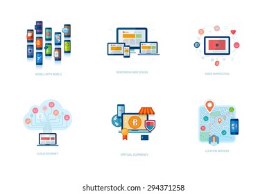 Set of modern flat design icons for application development or software app programming. Web, database, software development.