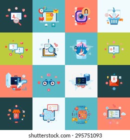 Set of modern flat design icons for application development or software app programming. Web, database, software development. Icons for website, SEO, e-commerce, online marketing, social media.