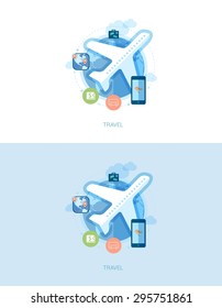 Set of modern flat design icons on the topic of modern online travel, vacation and holidays. Airplane over globe icon vector illustration.