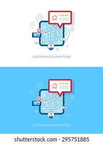 Set of modern flat design icons for mobile or smartphone location based advertising. Place check-in, hotel, restaurant, contact,l rating and context ads concept vector illustration.