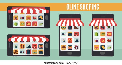 Set of modern flat design icons for mobile or smartphone commerce. Online mobile shopping and on the go purchase icons.