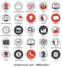 Set of modern flat design icons for internet marketing, media and business, isolated on white