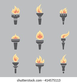 Set of modern flat design icons of burned torch. Flame, fire icon vector collection. 