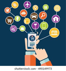 Set of modern flat design icons for mobile or smartphone commerce. Online mobile shopping and on the go purchase icons