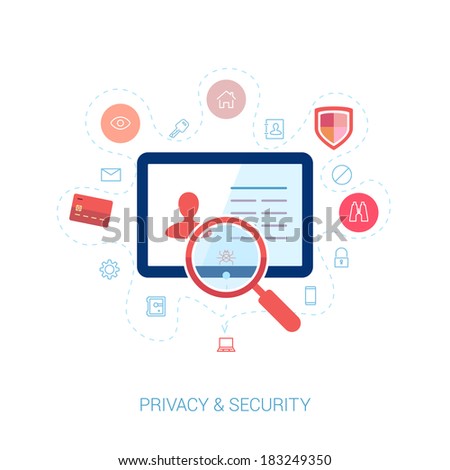 Set of modern flat design icons on the topic of online security, privacy protection and data safety. Spying computer bug under investigation lens on the user personal profile vector illustration.