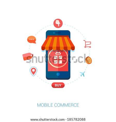 Set of modern flat design icons for mobile or smartphone commerce. Online mobile shopping and on the go purchase icons.