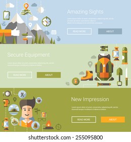 Set of modern flat design illustrations of camping and hiking info graphic vector elements