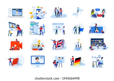 Set of modern flat design people icons of distance education, e-learning, school, video call, online training and course, webinar, video tutorial, language school, teaching, books and library. 