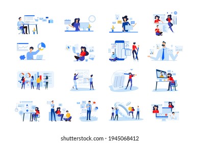 Set Of Modern Flat Design People Icons Of Business Analytics And Planning, Video And Conference Call, Business App, Seo, Market Research, Online Support, Accounting, Data Analysis, Teamwork.