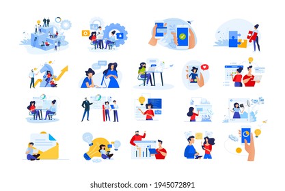 Set of modern flat design people icons of start up, project development, business strategy and analytics, social media, Internet marketing, e-banking, programming, cloud data storage.