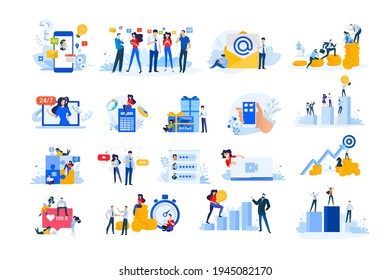 Set von modernen flachen Design Menschen Symbole. Vektorgrafik-Konzepte von Investitionen, Geschäftserfolg, soziales Netzwerk, Internet-Werbung, Finanzen, Live-Streaming, Kommunikation, Star-Bewertung.  