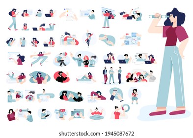 Conjunto de diseño moderno y plano de personas iconos de las redes sociales, comunicación en línea, negocios, tecnología, compras, marketing, diseño y desarrollo gráfico y web, seo, educación a distancia.