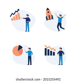Conjunto de diseños planos modernos e iconos de personas de análisis y planificación de negocios, inicio, cohete, seo, investigación de mercado, grafo, contabilidad, análisis de datos, trabajo en equipo.