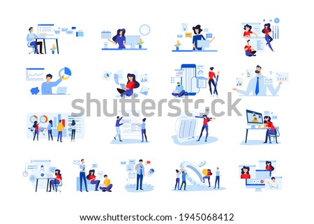 Set of modern flat design people icons of business analytics and planning, video and conference call, business app, seo, market research, online support, accounting, data analysis, teamwork.