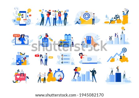 Set of modern flat design people icons. Vector illustration concepts of investment, business success, social network, Internet advertising, finance, live streaming, communication, star rating.  