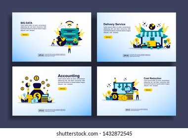 Set of modern flat design templates for Business, big data, delivery service, accounting, cost reduction. Easy to edit and customize. Modern Vector illustration concepts for business