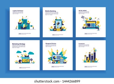 Set of modern flat design templates for Business, logistic distribution, mobile banking, job hiring, marketing strategy, management business, investment. Easy to edit and customize