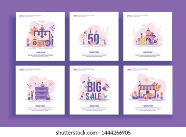 Conjunto de modernas plantillas de diseño plano para empresas, reducción de costes, venta de descuentos, financiera, big data, venta masiva, entrega. Fácil de editar y personalizar. Conceptos modernos de ilustración de vectores para empresas