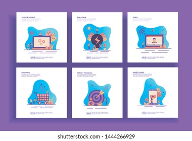 Set of modern flat design templates for Business, system update, solution, video, shopping, target financial, video chat. Easy to edit and customize. Modern Vector illustration concepts for business