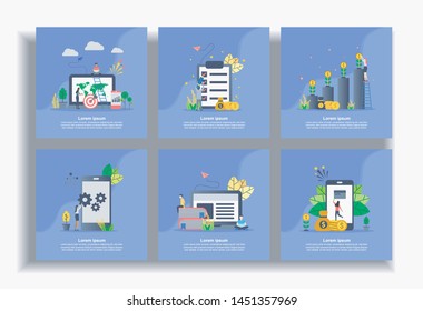 Conjunto de modernas plantillas de diseño plano para empresas, estrategia empresarial, control financiero, inversión, actualización del sistema, educación, pago. Fácil de editar y personalizar