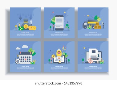 Set of modern flat design templates for Business, cost reduction, mobile marketing, delivery, schedule, startup business, file management. Easy to edit and customize
