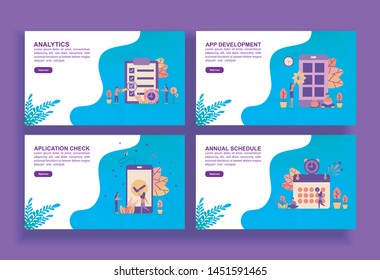 Set of modern flat design templates for Business, analytics, app development, application check, annual schedule. Easy to edit and customize. Modern Vector illustration concepts for business