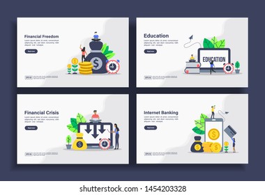 Conjunto de plantillas modernas de diseño plano para empresas, libertad financiera, educación, crisis financiera, banca por Internet. Fácil de editar y personalizar. Conceptos modernos de ilustración de vectores para empresas