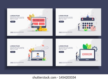 Set of modern flat design templates for Business, pay per click, schedule, video chat, page error. Easy to edit and customize. Modern Vector illustration concepts for business