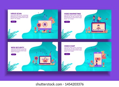 Set of modern flat design templates for Business, virus scan, video marketing, web security, video chat. Easy to edit and customize. Modern Vector illustration concepts for business