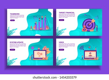 Set Of Modern Flat Design Templates For Business, Teamwork, Target Financial, System Update, Video. Easy To Edit And Customize. Modern Vector Illustration Concepts For Business