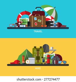 Set of modern flat design vector illustrations of tourism, traveling, camping, hiking. Vacation and holidays. Passenger luggage and travel items. Hiking equipment