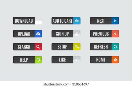 Set of modern flat design website navigation buttons. Rectangle shape. Help like search download upload setup sign up add to cart next previous refresh home icons