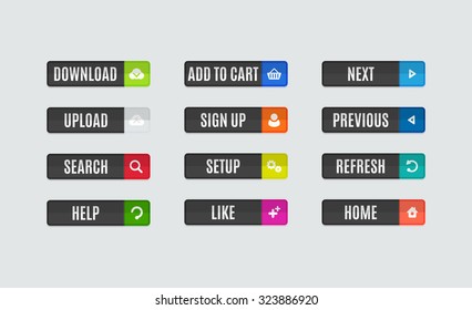 Conjunto de modernos botones de navegación del sitio web de diseño plano. Forma rectangular. Ayuda como búsqueda descargar la configuración de carga firmar añadir al carrito los siguientes iconos de la casa de actualización anterior