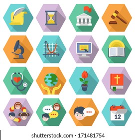 Set of modern flat educational icons of different subjects and concepts in colored hexagons with long shadows