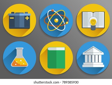 Set of modern flat educational icons of different subjects with long shadows.