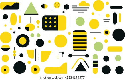 set of modern flat geometric shapes in yellow, in the style of stripes and shapes, bold black outlines, geometric shapes  patterns, white background, geometric